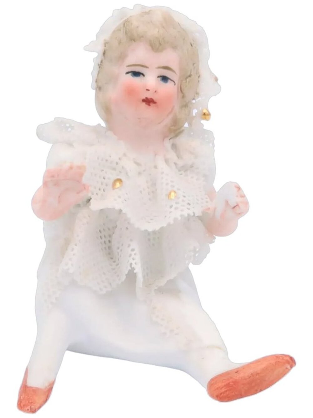 Antique German Bisque Doll 2” Miniature Dresden Lace Porcelain Bonnet Girl 6951
